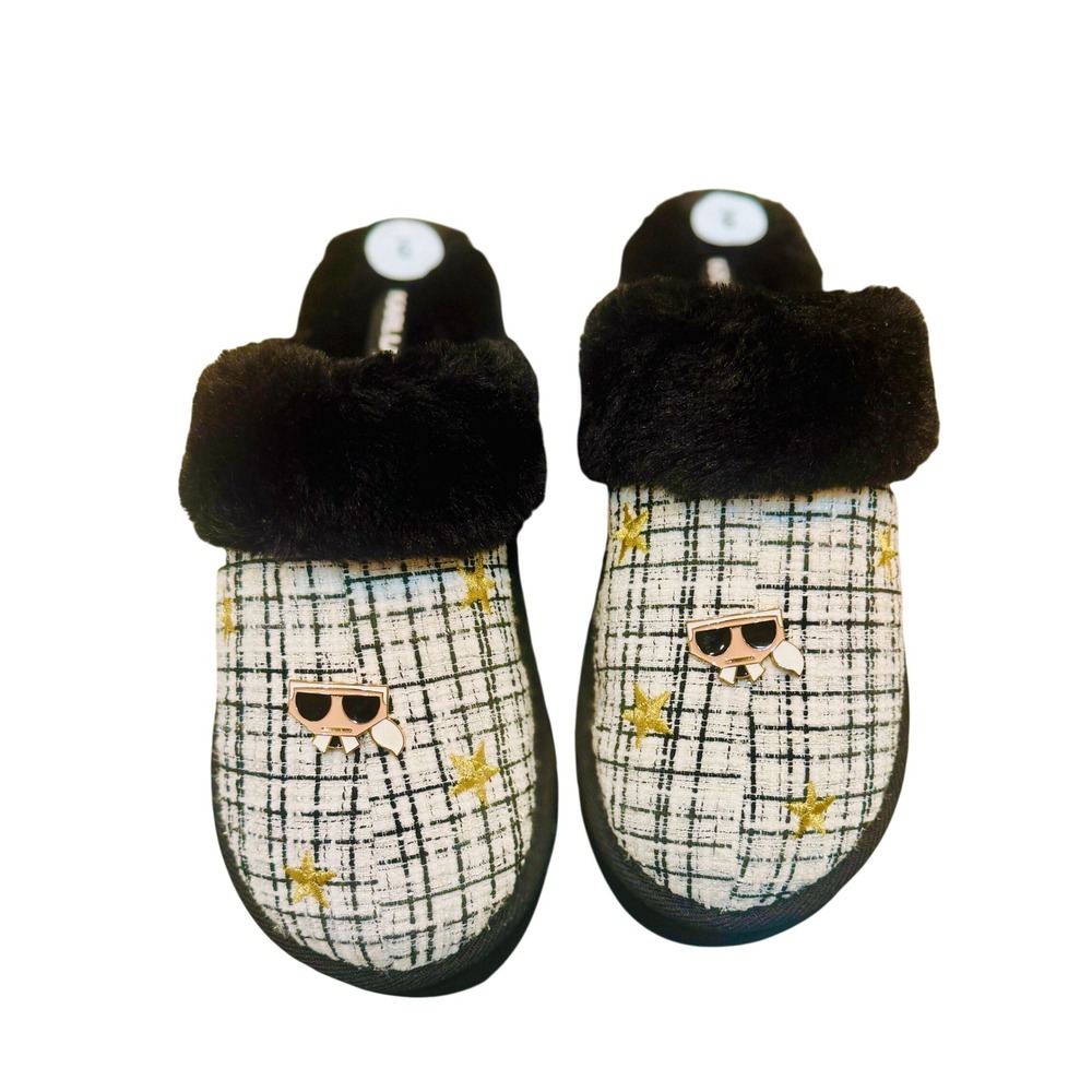 Karl Lagerfeld Slippers Size 9 Black White Plaid‎ Stars Faux Fur Platform Slides